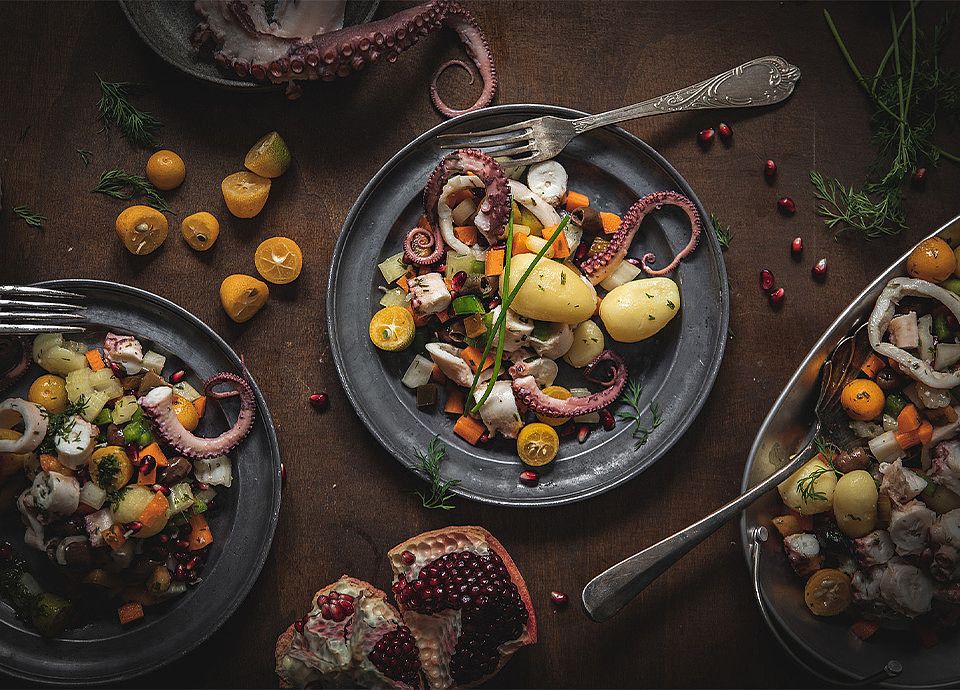 ENSALADA DE PULPO CON KUMQUAT, GRANADA Y PATATAS CON ENELDO