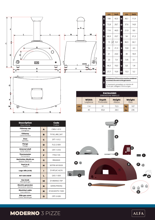 HORNO ALFA FORNI MODERNO 3  PIZZE HIBRIDO ROJO ANTIGUO