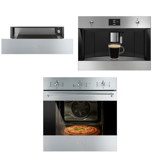 Combo SMEG maquina de cafe CMS4303X + calienta platos CPR315X + horno electrico SF6381X