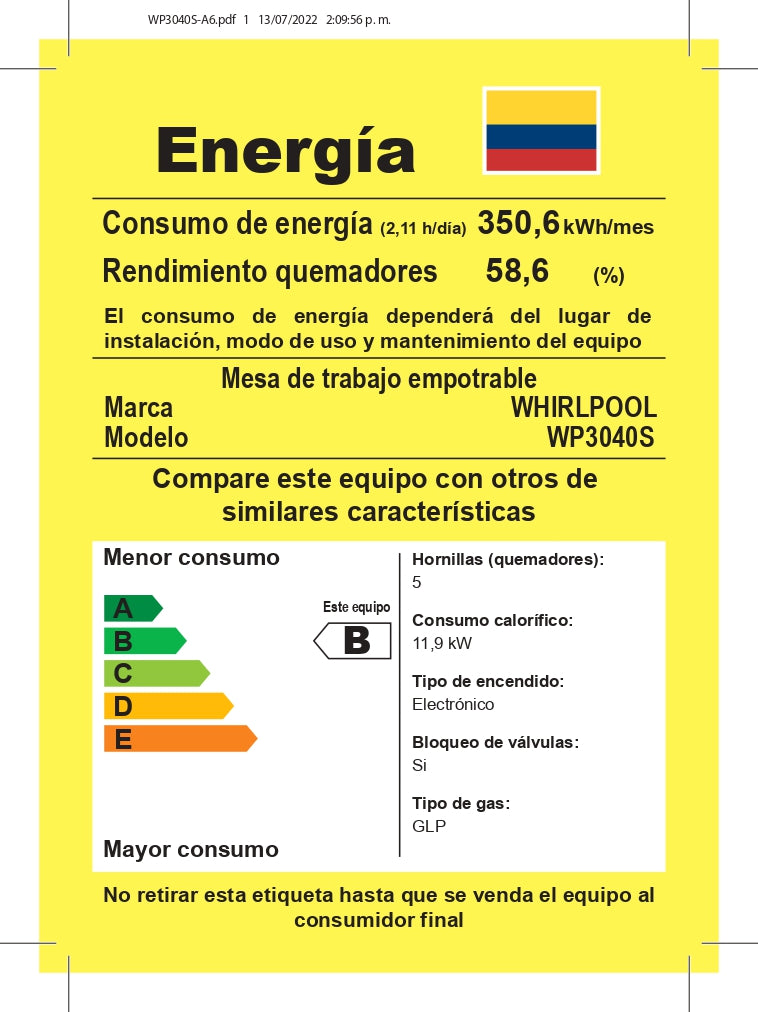 Cubierta A Gas Whirlpool Acero inoxidable 76cm