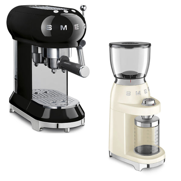 Combo de Máquina de Café Espresso Smeg Negro + Molino de Café Retro Smeg Crema