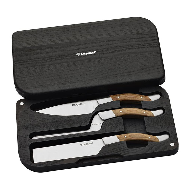 Juego de queso Legnoart Fromager de 3 piezas con mango de madera de chocolate en una lujosa caja de madera - LACUISINEAPPLIANCES.CO