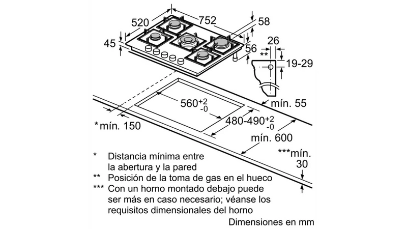 Serie 6 Placa de gas 75 cm Vidrio templado, Negro